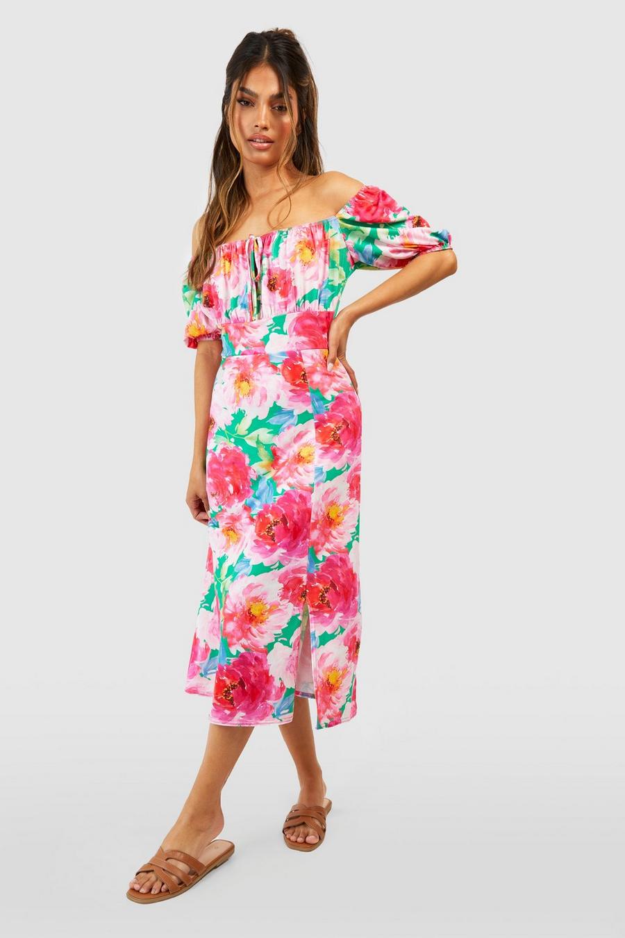 Pink Floral Puff Sleeve Midi Dress image number 1