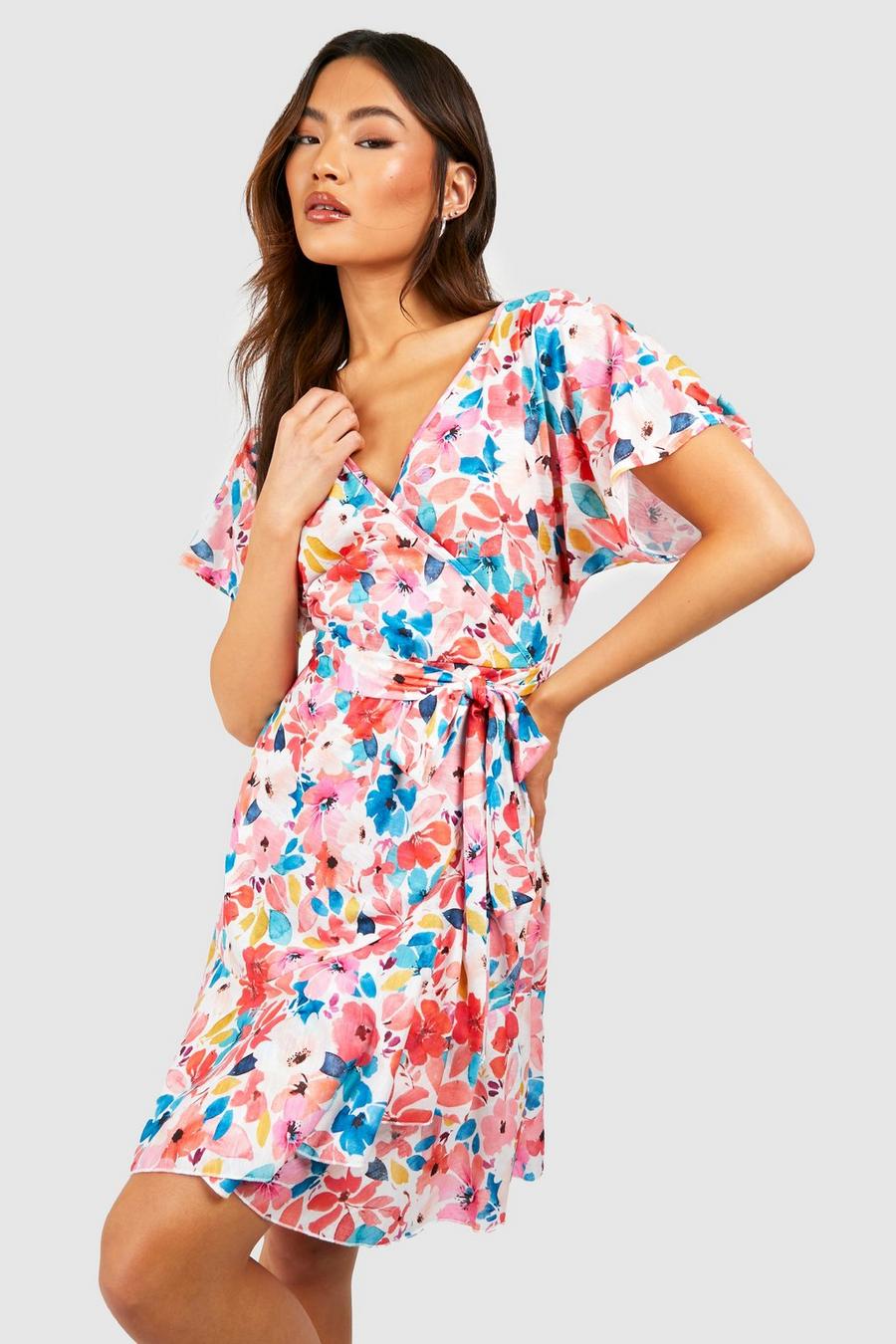 Multi Floral Textured Ruffle Wrap Skater Dress image number 1
