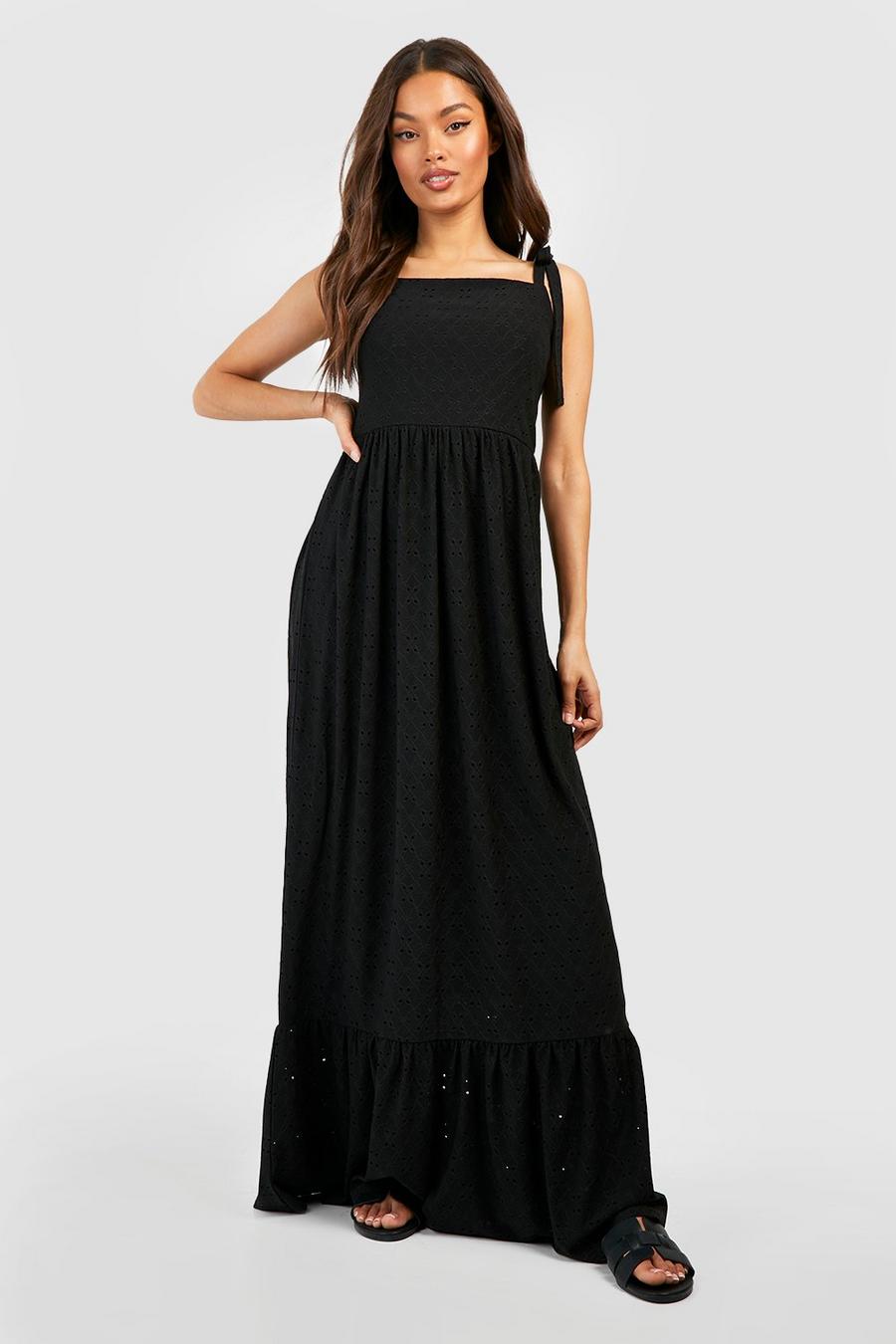Black Soft Broderie Strappy Maxi Dress image number 1