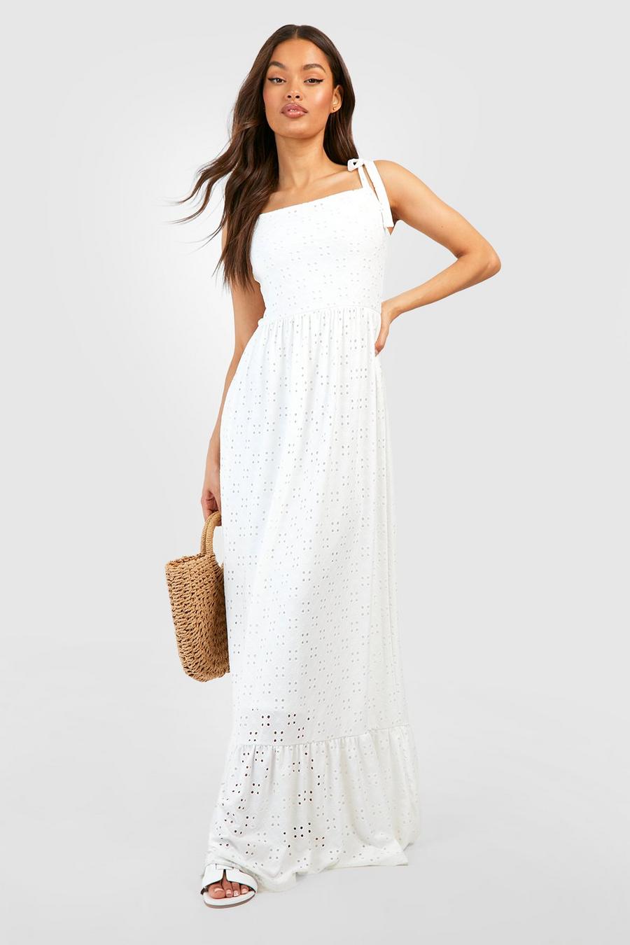 White Soft Broderie Strappy Maxi Dress image number 1