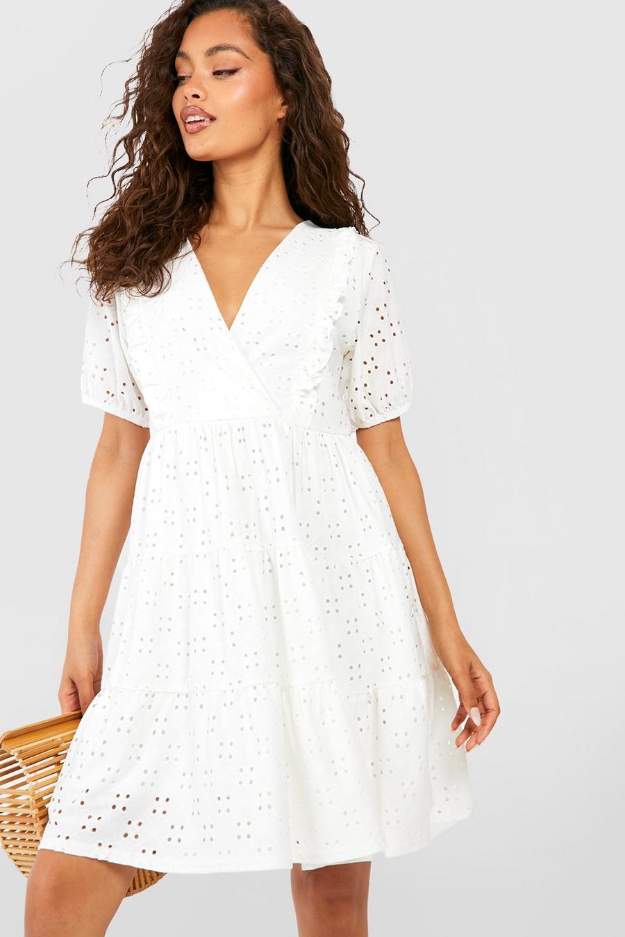 White Soft Broderie Ruffle Smock Dress image number 1