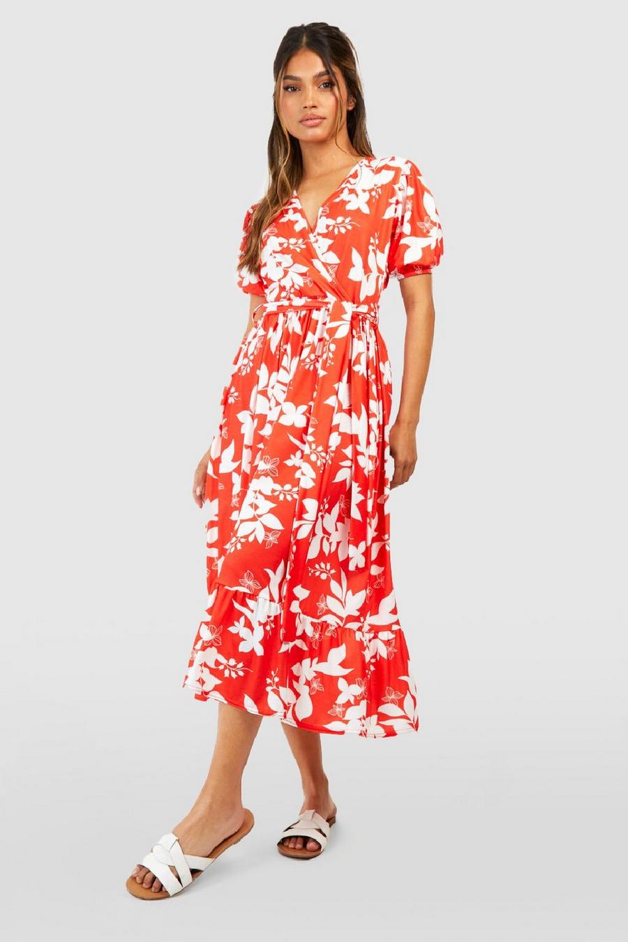 Red Floral Puff Sleeve Wrap Midi Dress image number 1