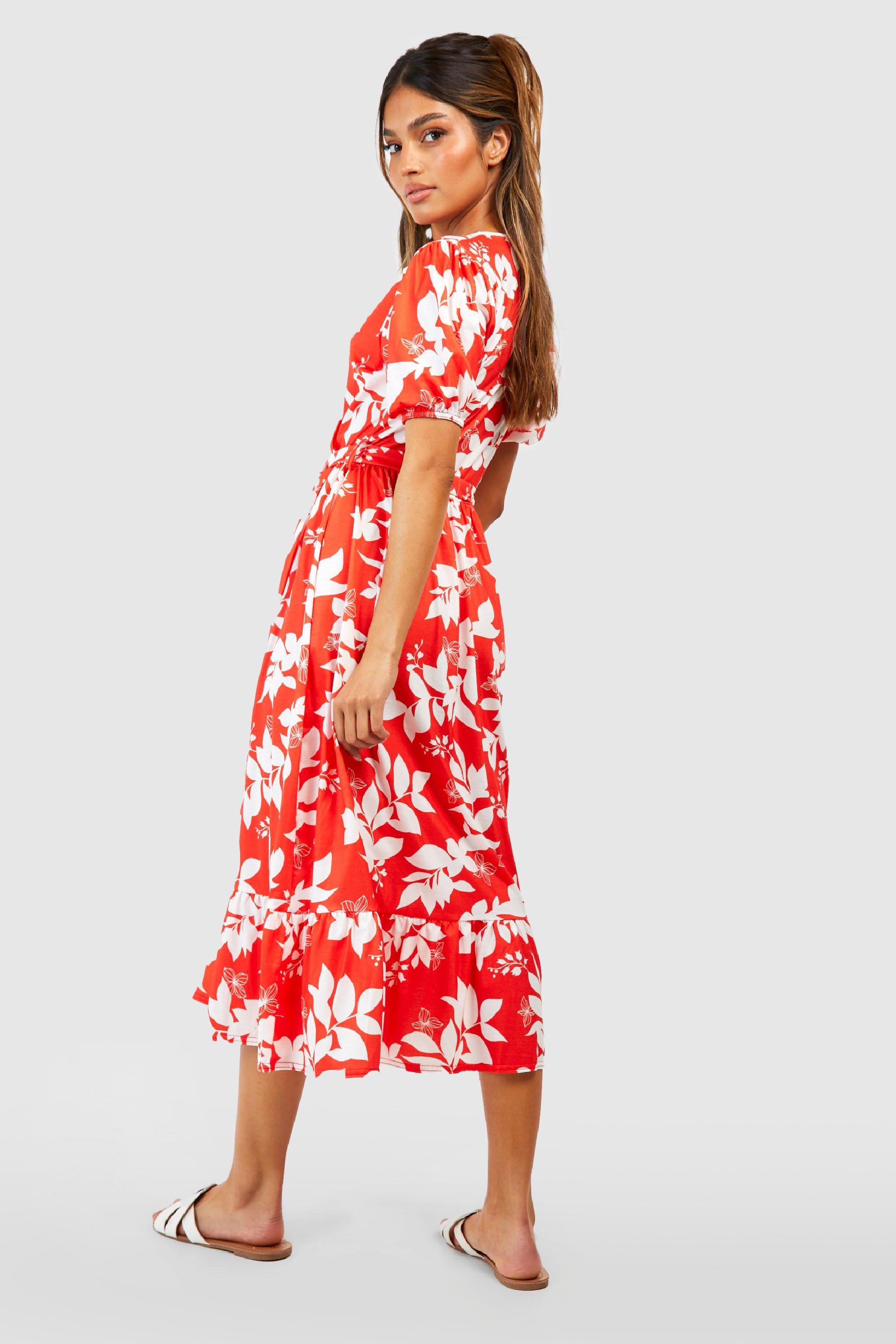 Zara red clearance floral midi dress