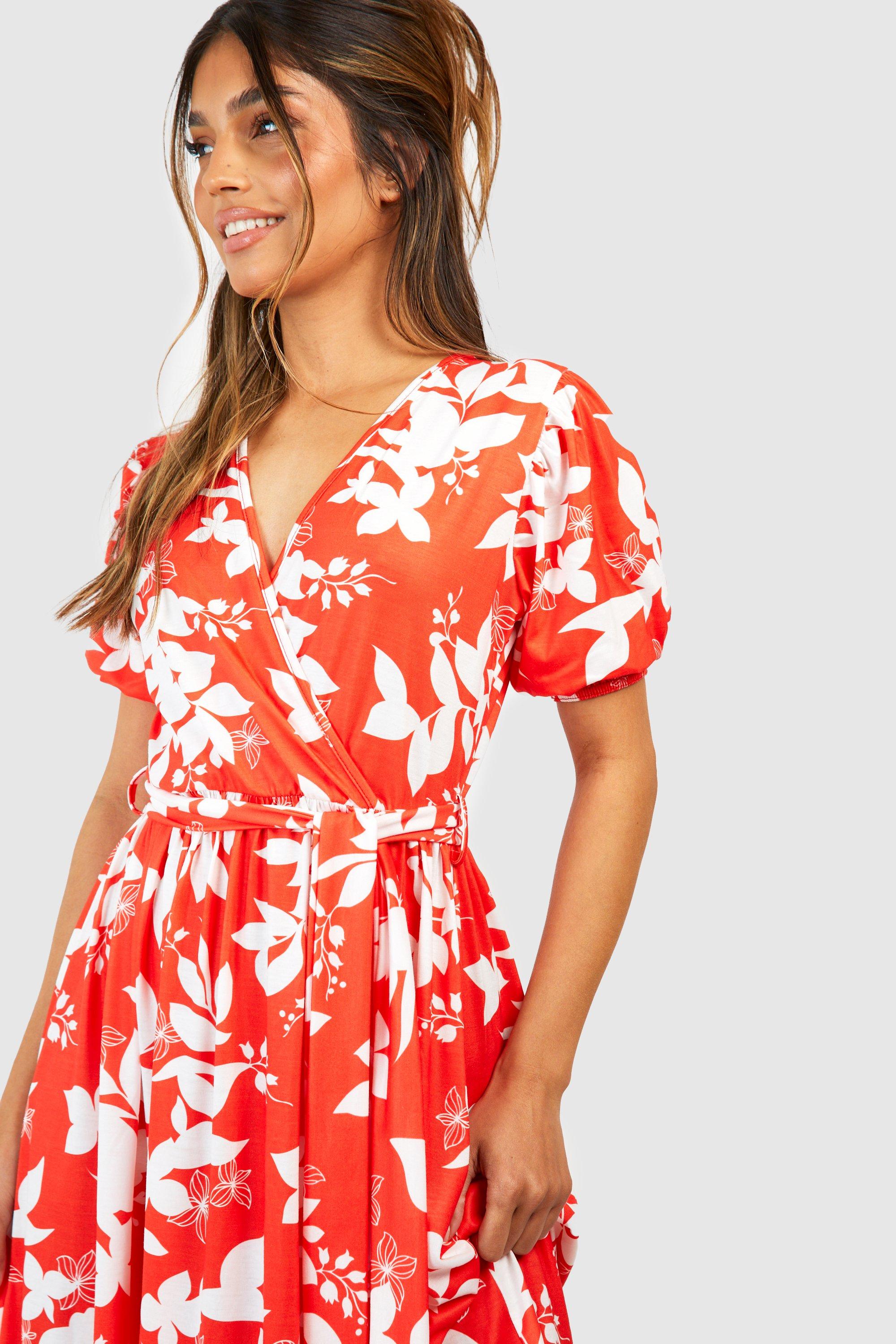 Floral Puff Sleeve Wrap Midi Dress