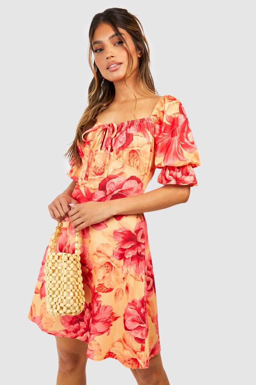 Vestido de verano con estampado de flores y mangas abullonadas, Orange image number 1