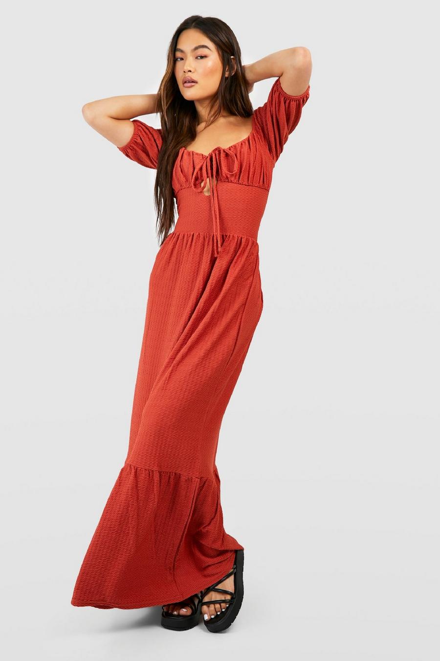 Terracotta Textured Tiered Maxi Dress image number 1