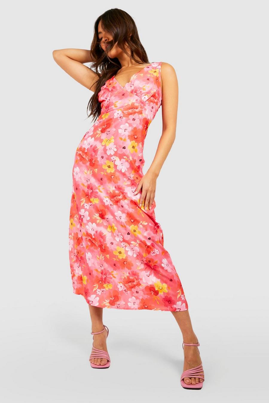 Pink Lång blommig klänning med urringning image number 1
