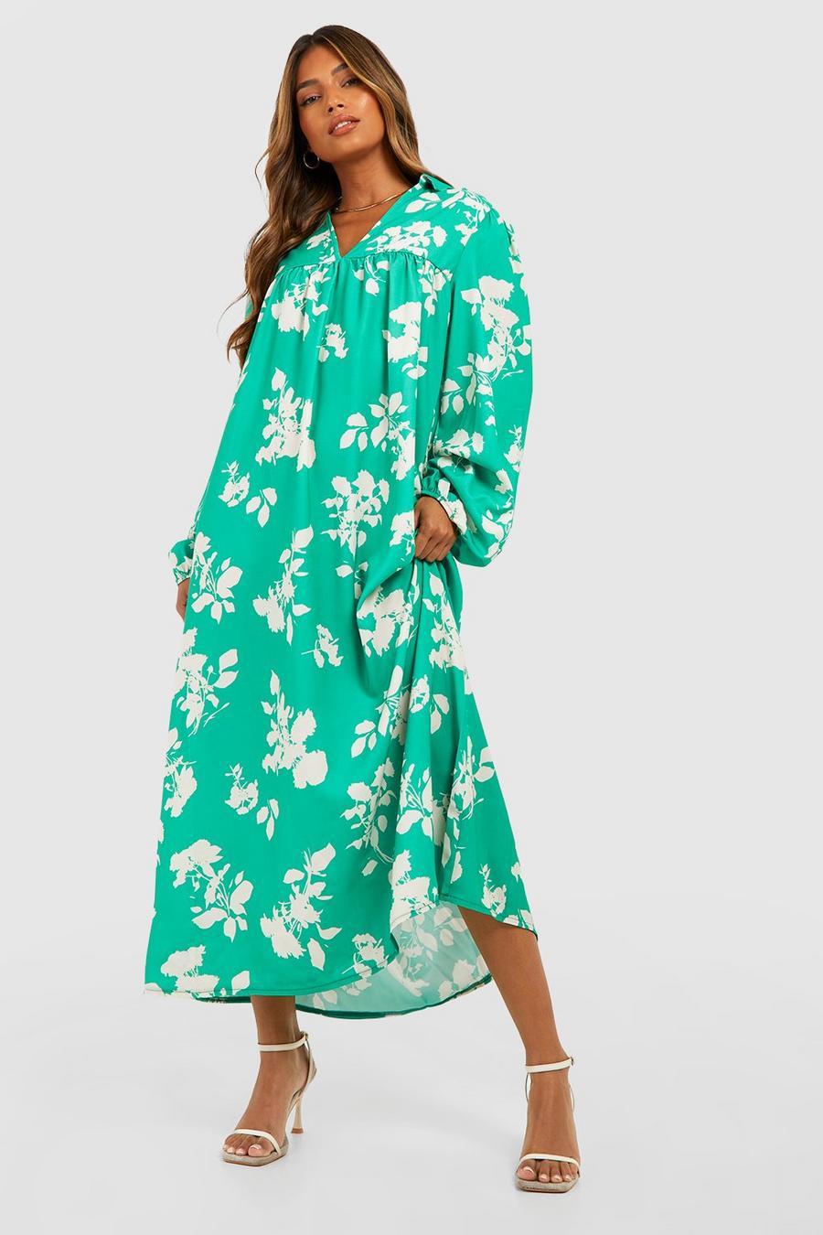 Green Floral Print Blouson Sleeve Midi Smock Dress image number 1