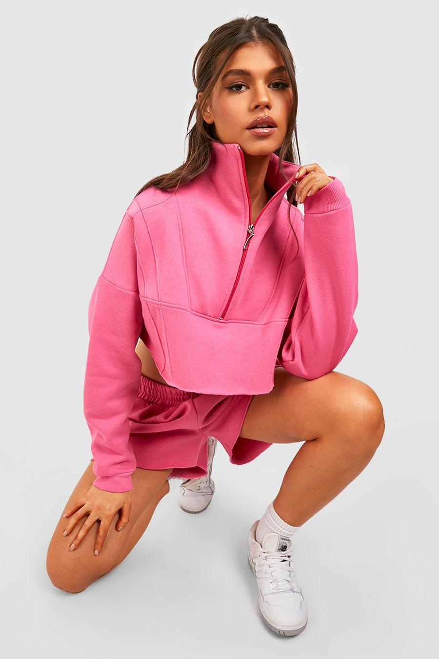 Hot pink Boxy Half Zip Sweat And Short Tracksuit image number 1