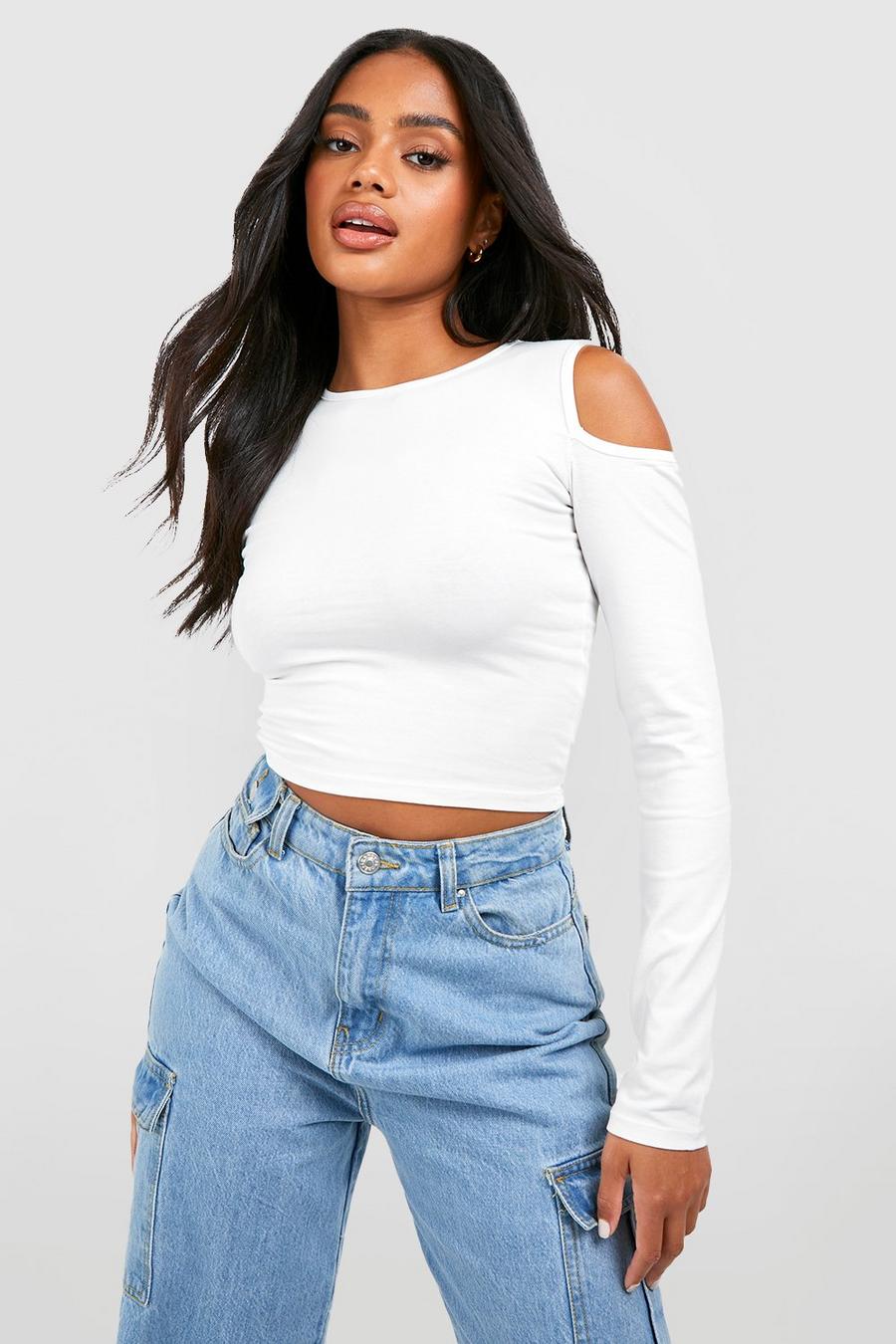 White Cut Out Sleeve Crop Top image number 1