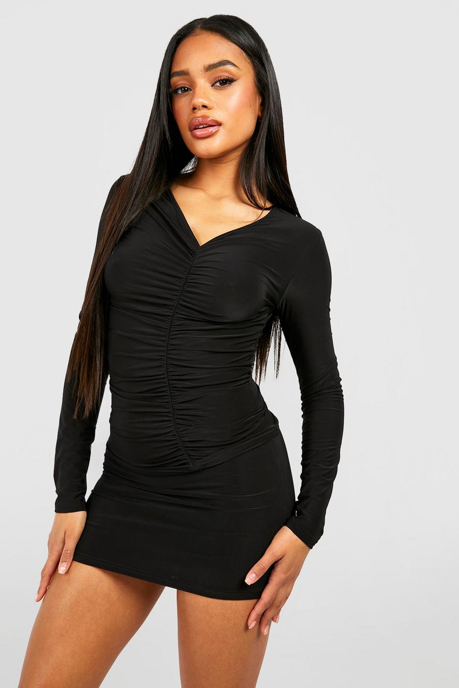 Black Slinky Ruched Long Sleeve Asymmetric Top image number 1