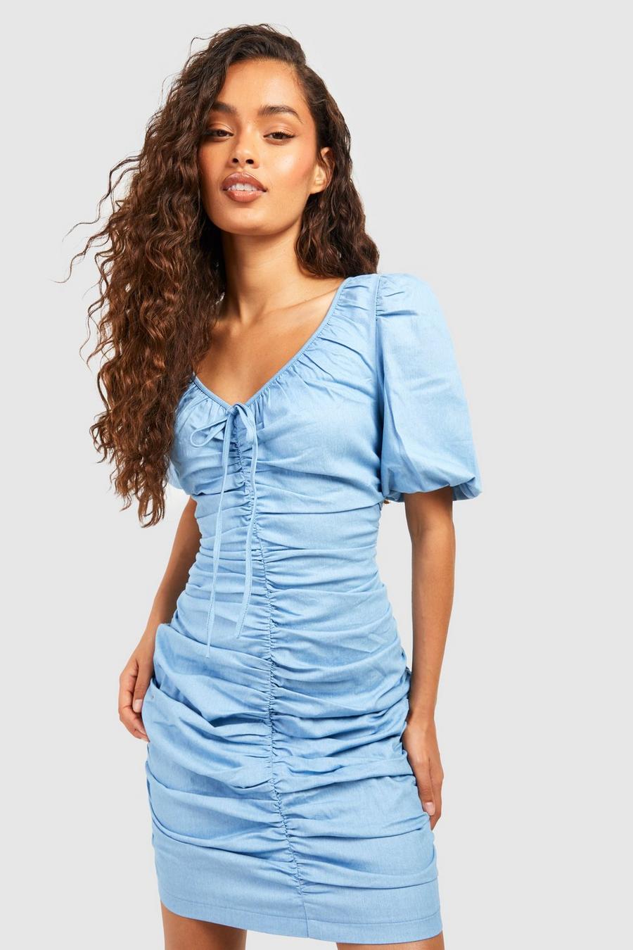 Miniabito Babydoll in chambray con ruches, Light blue image number 1