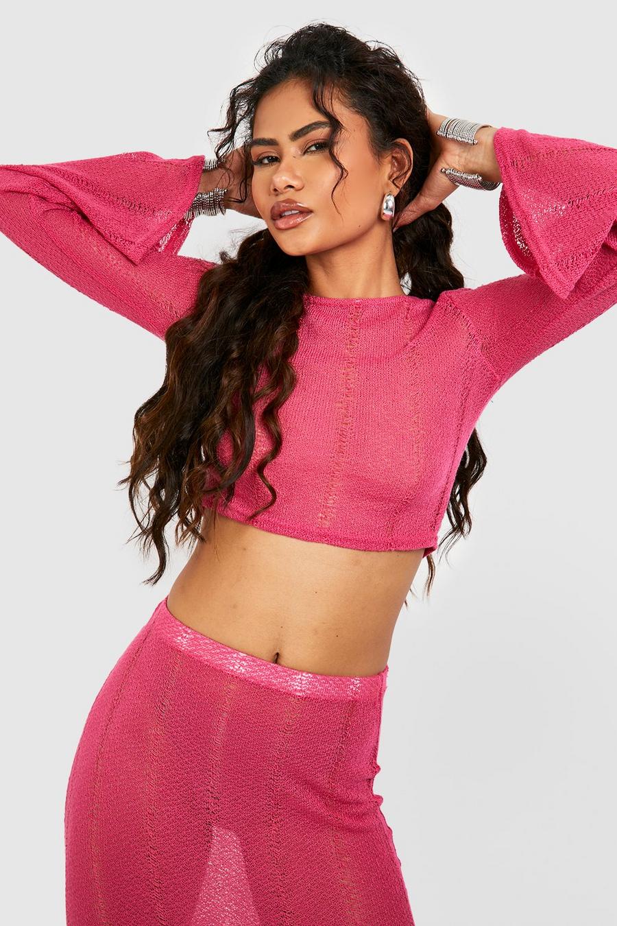 Hot pink Distressed Long Sleeve Cropped Top
