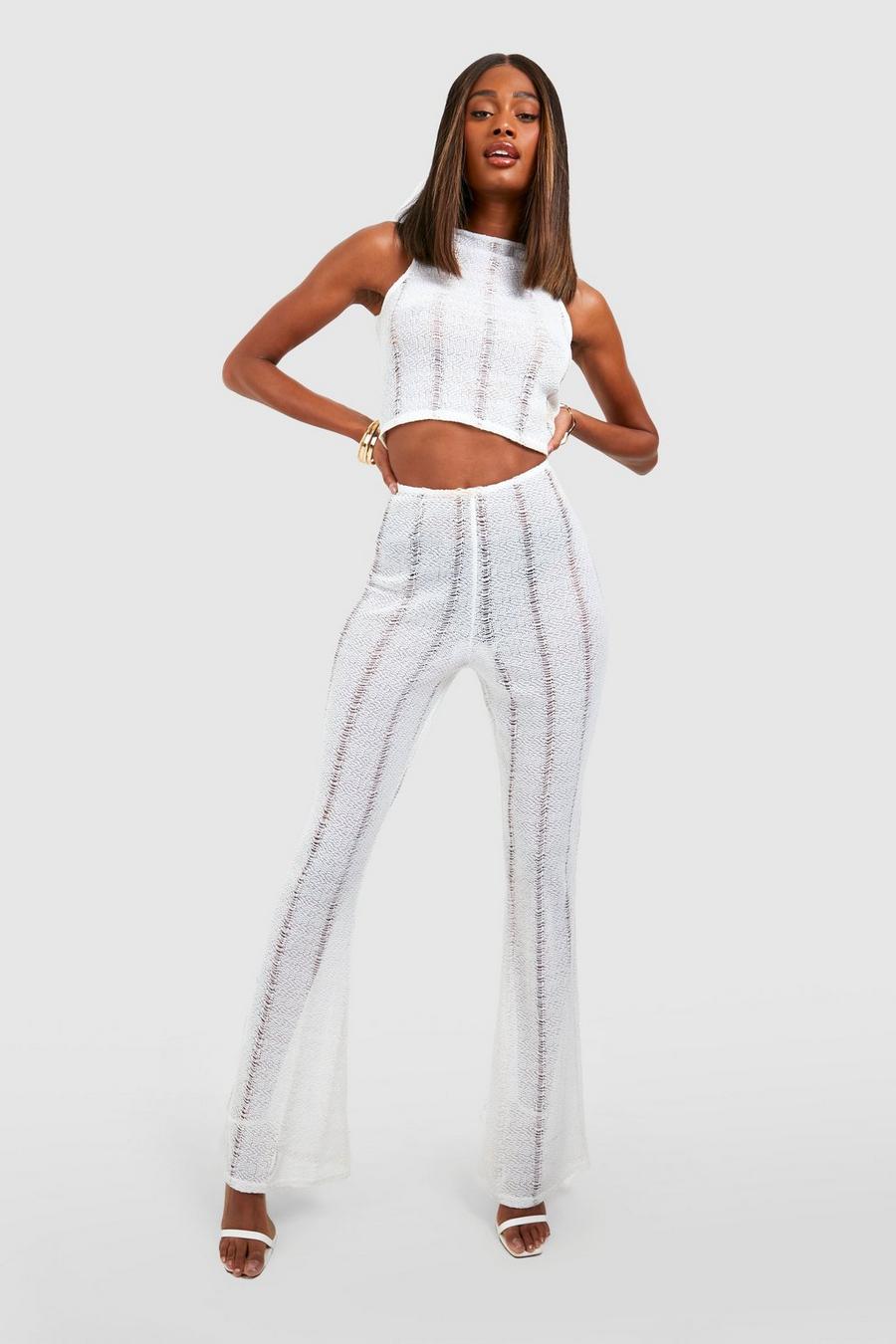 White Distressed Flared Trousers image number 1