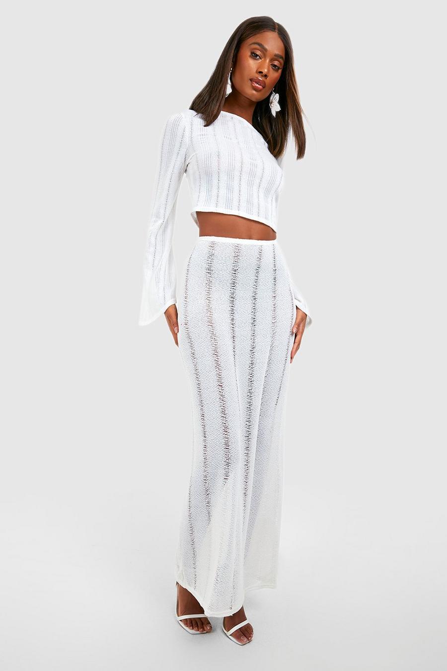 White Distressed Floor Length Maxi Skirt image number 1