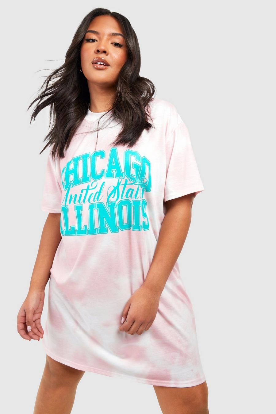 Vestito T-shirt Plus Size in fantasia tie dye con slogan Chicago, Pink image number 1