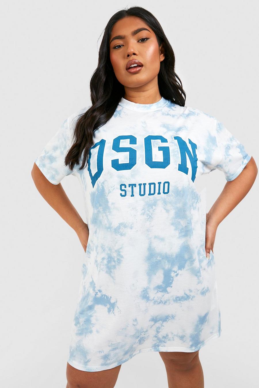 Vestido camiseta Plus con desteñido anudado y estampado Dsgn Studio, Teal