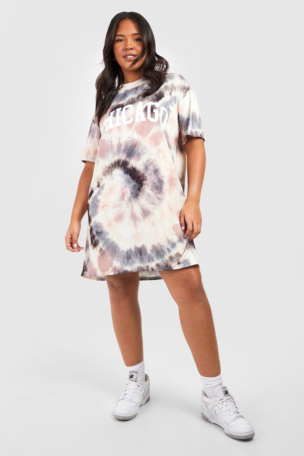 Plus Tie Dye Chicago Slogan T-shirt Dress