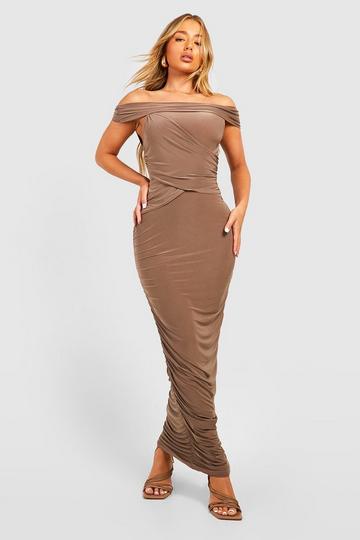 Slinky Ruched Off The Shoulder Midi Dress mushroom