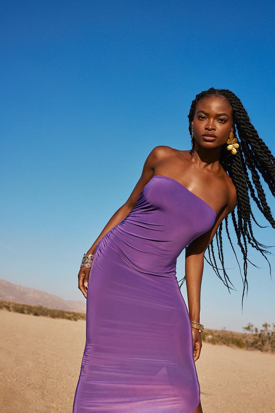 Vibrant purple Slinky Bandeau Ruched Maxi Dress image number 1