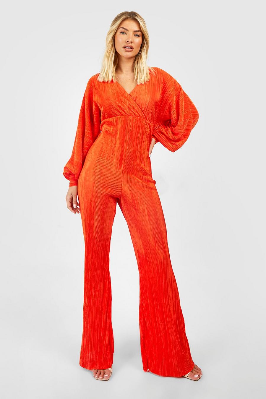 Orange Plisse Wrap Front Jumpsuit 