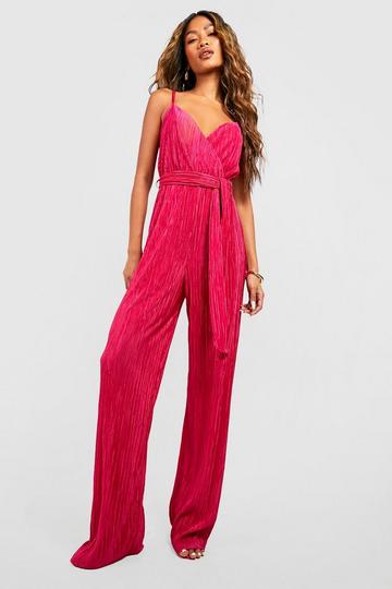 Plisse Wrap Belted Jumpsuit bright pink