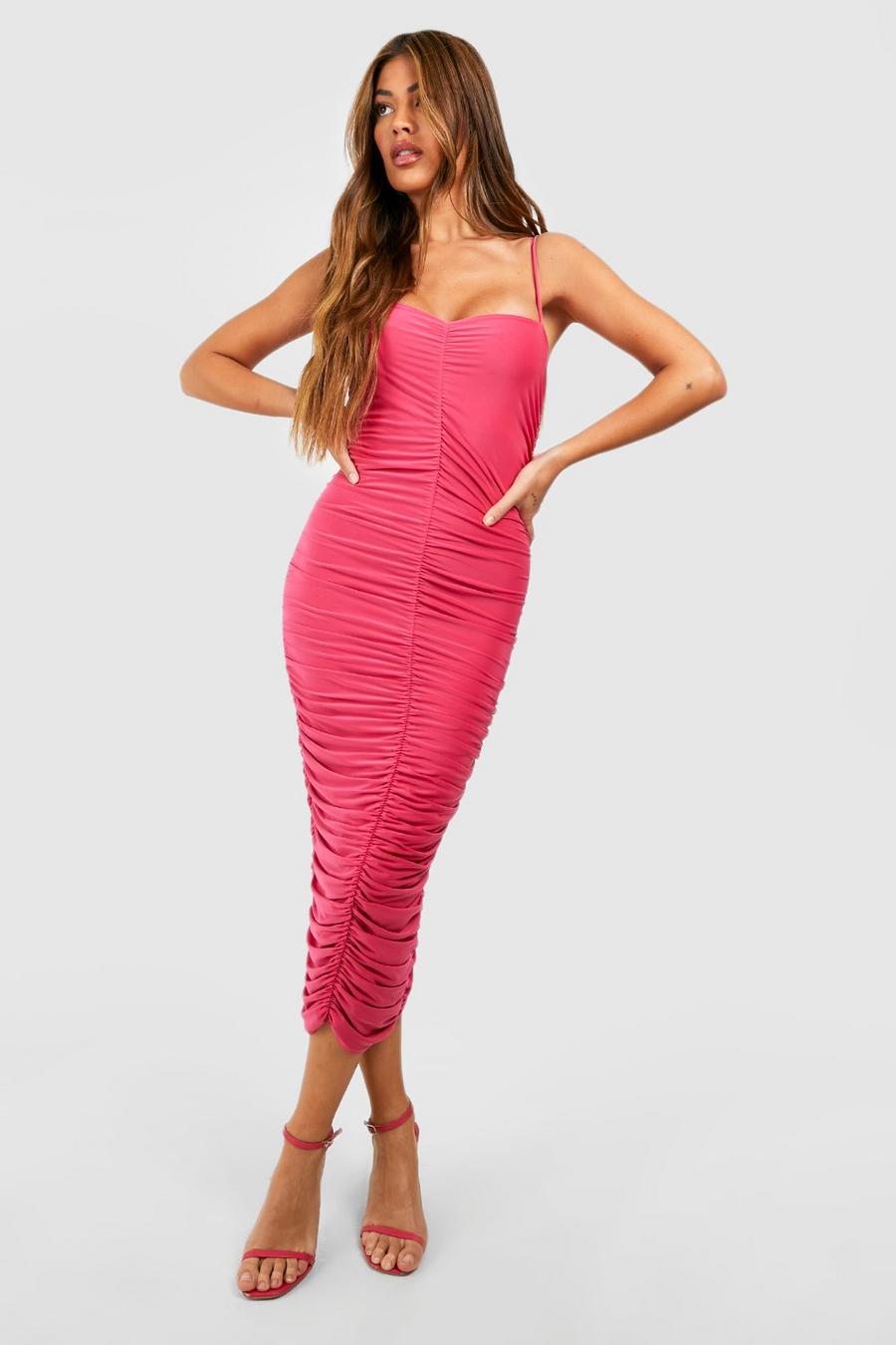 Hot pink Slinky Double Layer Ruched Strappy Midi Dress