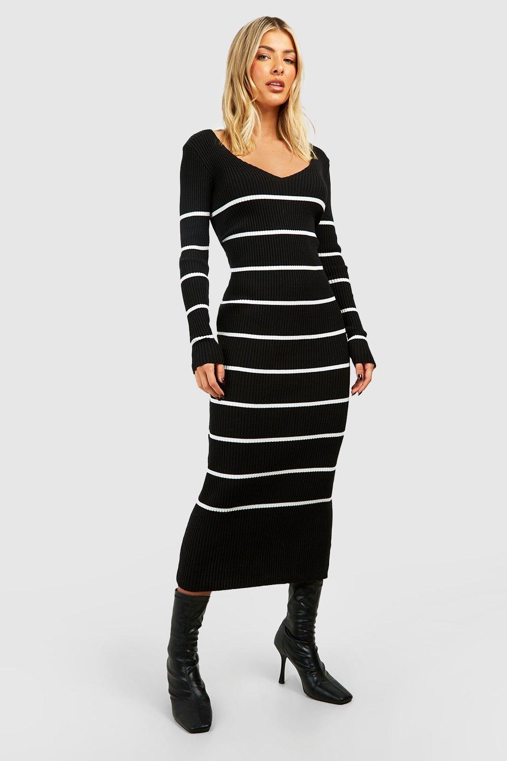 Long Sleeve Stripe Midi Knit Dress