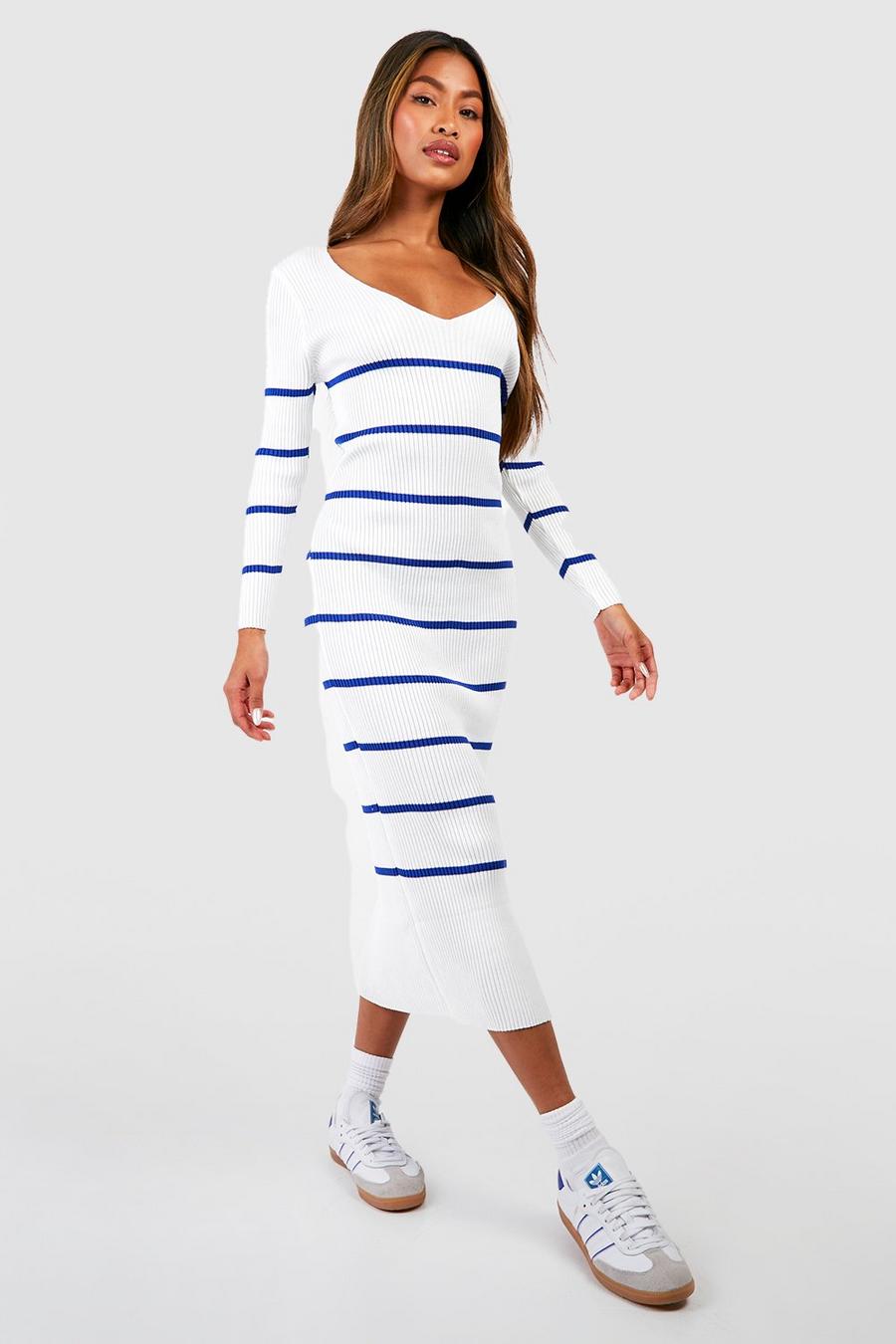 Blue Long Sleeve Stripe Midi Knit Dress image number 1