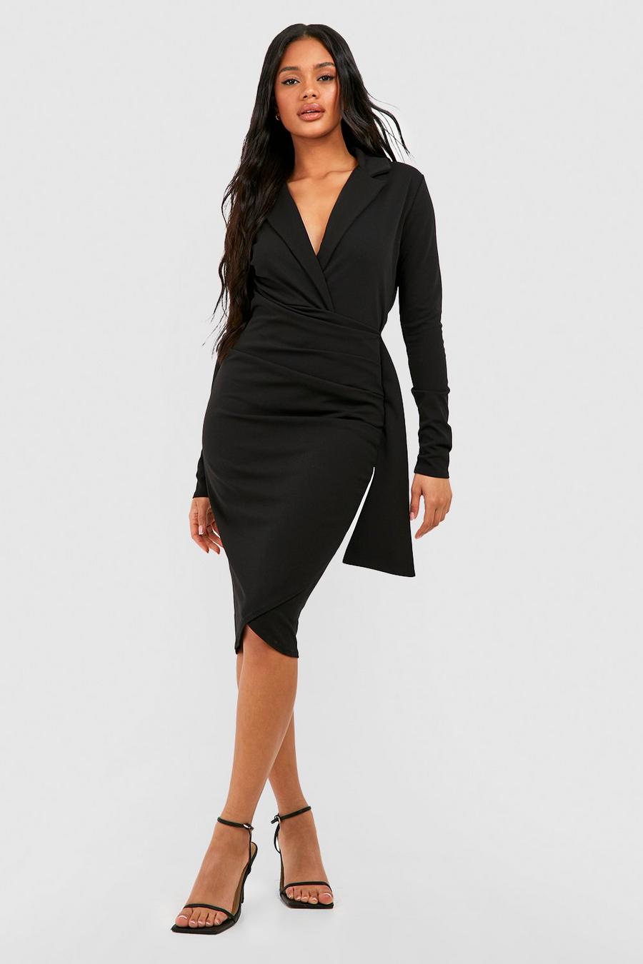 Black Wrap Detail Fitted Blazer Midi Dress image number 1