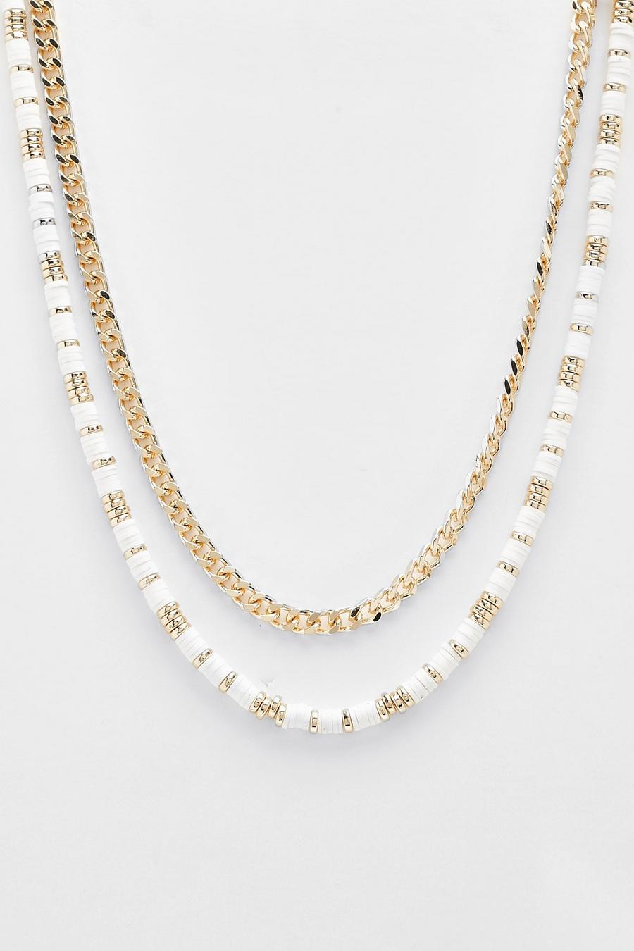 Gold Bead Station White Double Row Necklace