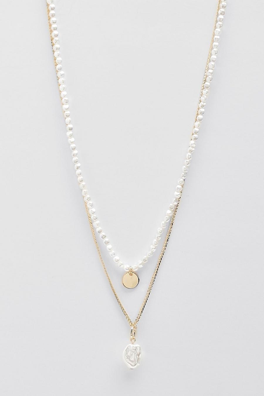 Gold metallic Pearl Charm Multirow Necklace