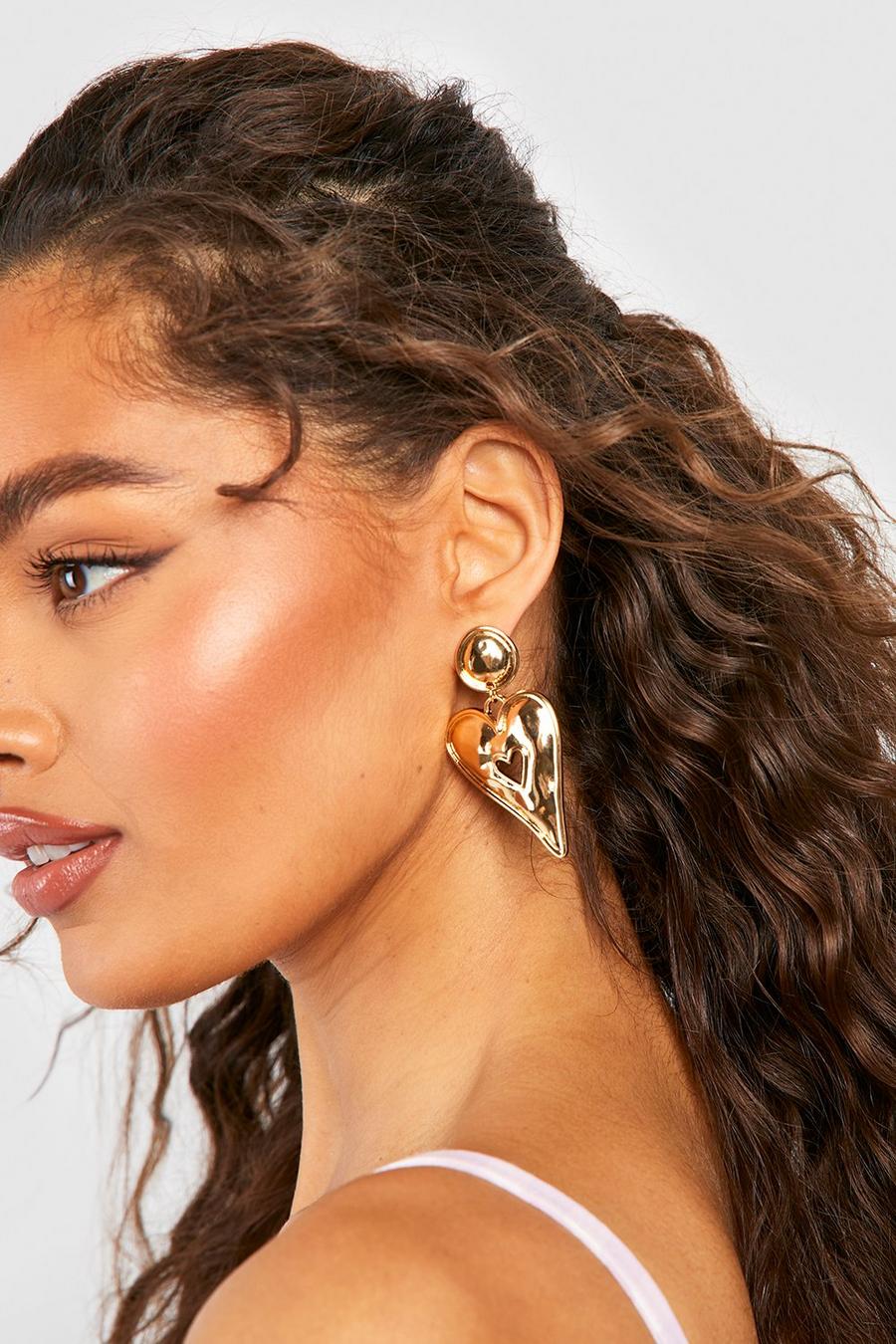 Gold metálicos Hammered Heart Detail Statement Earrings 