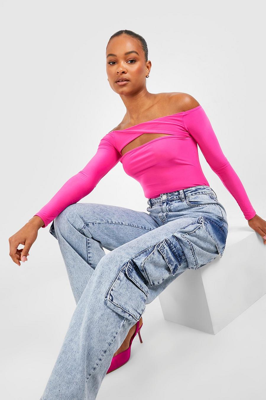 Hot pink Tall Slinky Off The Shoulder Cut Out Bodysuit image number 1