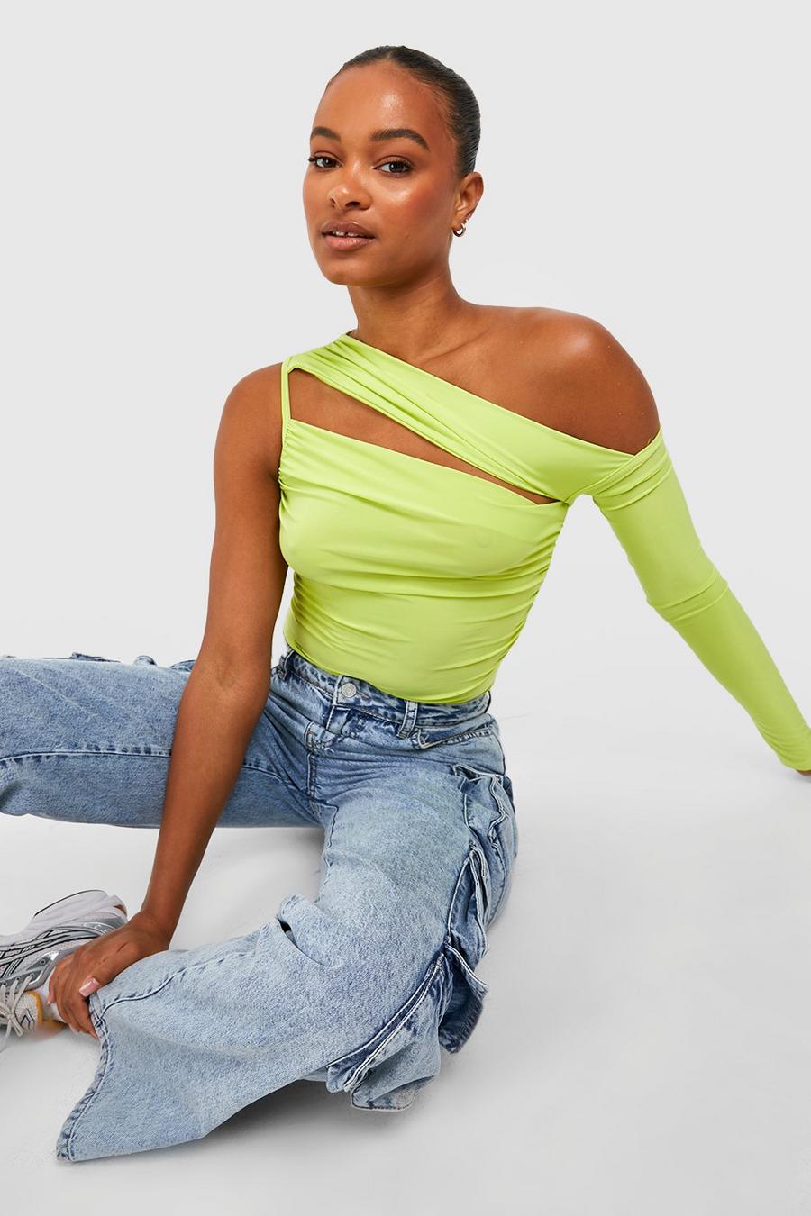 Lime Tall Slinky Asymmetric One Sleeve Top image number 1