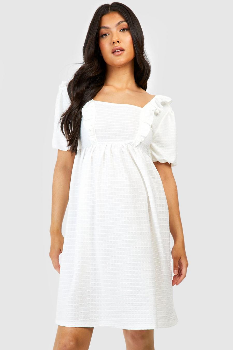 White Maternity Textured Ruffle Smock Dress image number 1