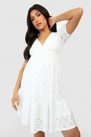 Maternity Jersey Knit Eyelet Wrap Tiered Smock Dress white