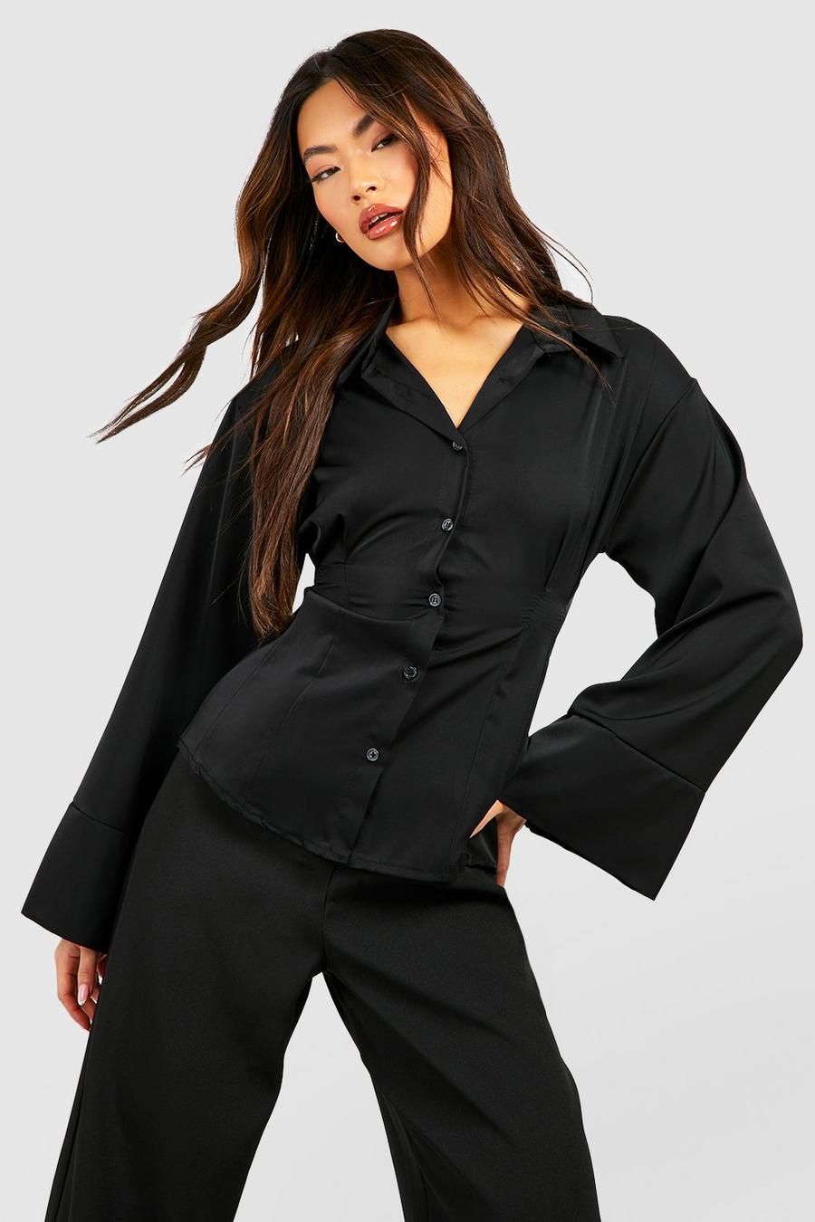 Black Fluid Woven Flared Cuff Tailored Shirt image number 1