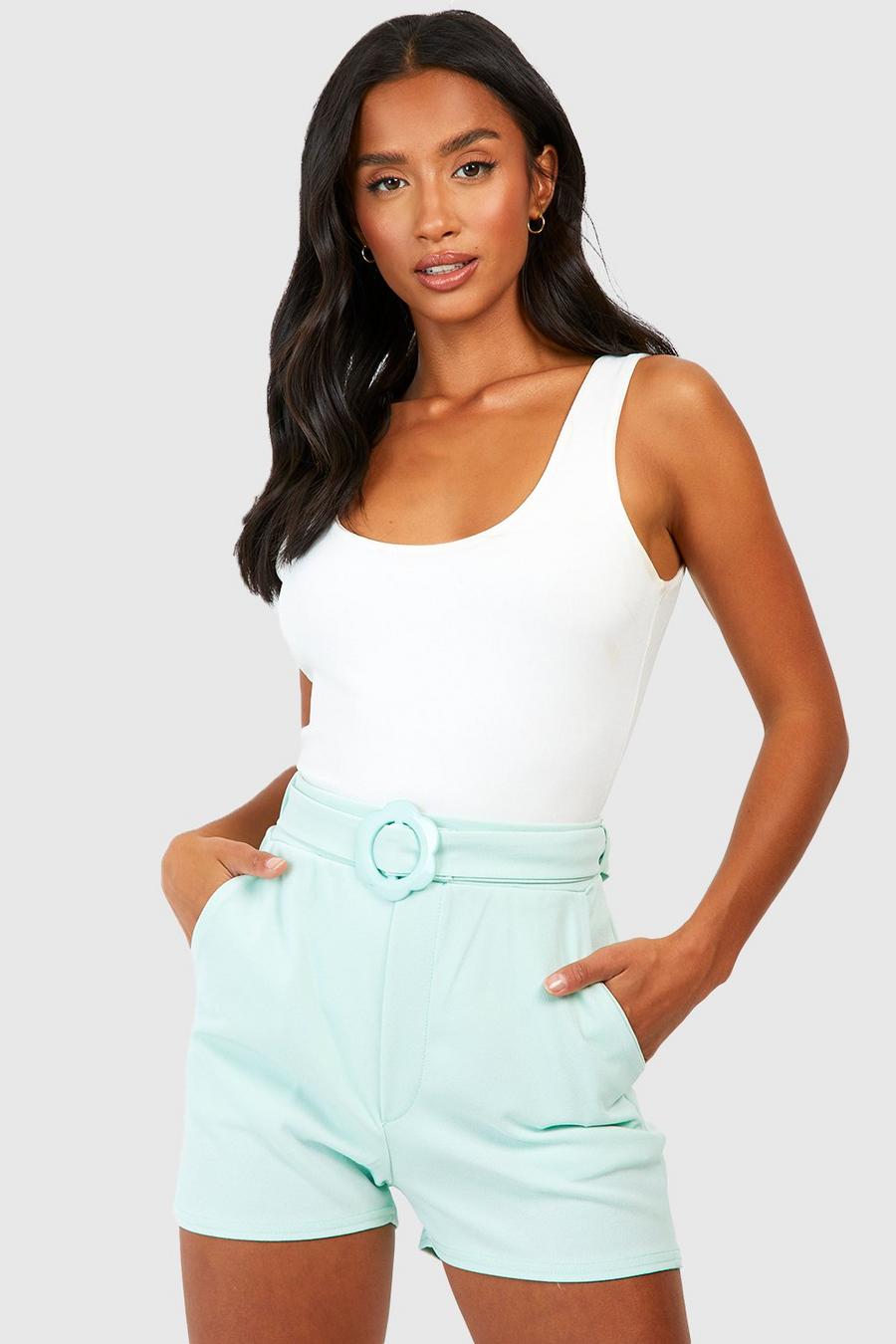 Mint green Petite Daisy Buckle Belted Tailored Shorts