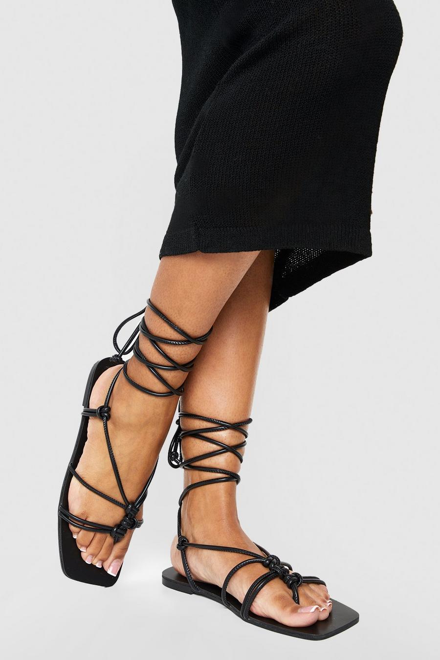 Black Wide Fit Knot Detail Crossover Strap Tie Leg Sandals   