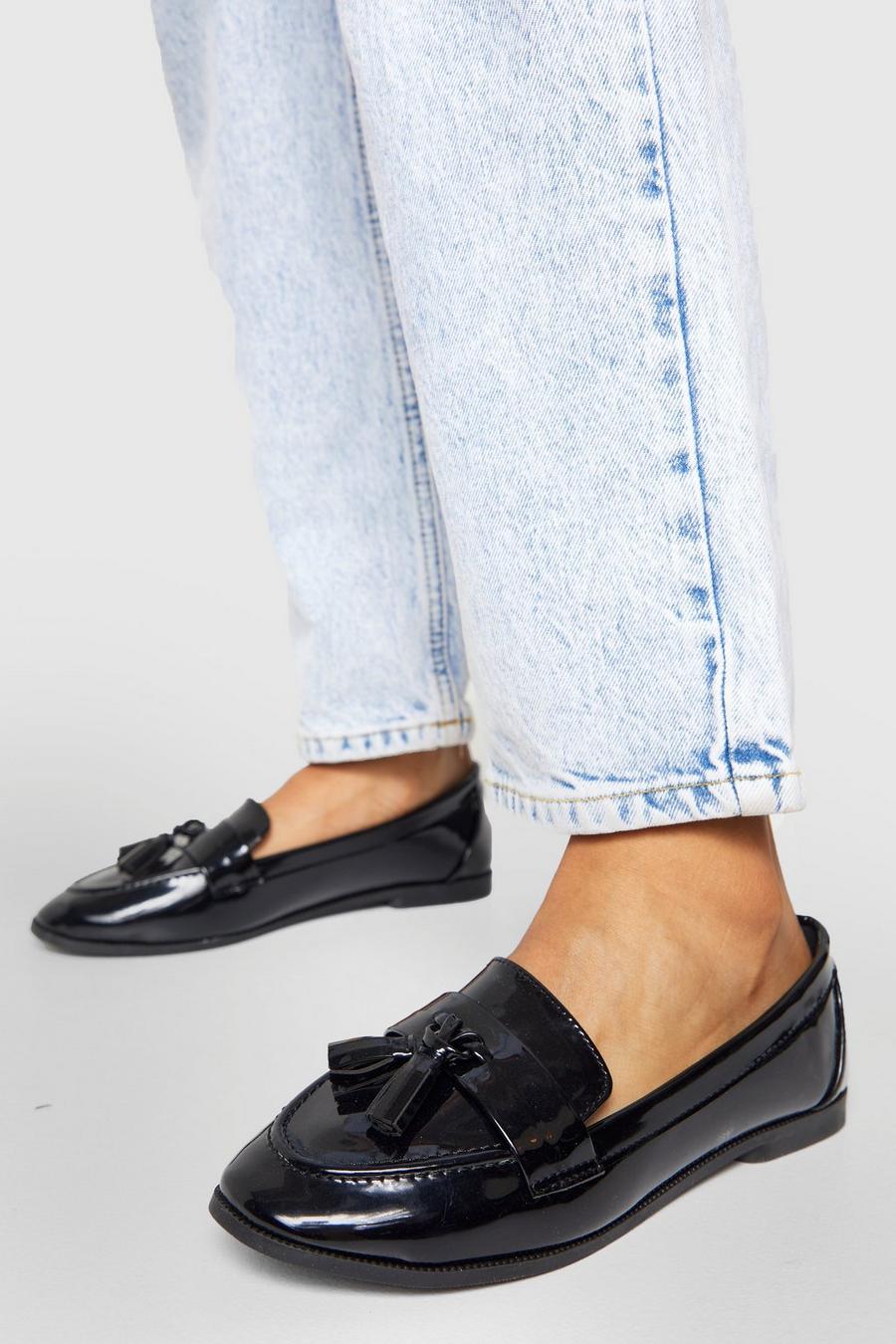 Black Wide Fit Tassel Detail Patent Loafers image number 1