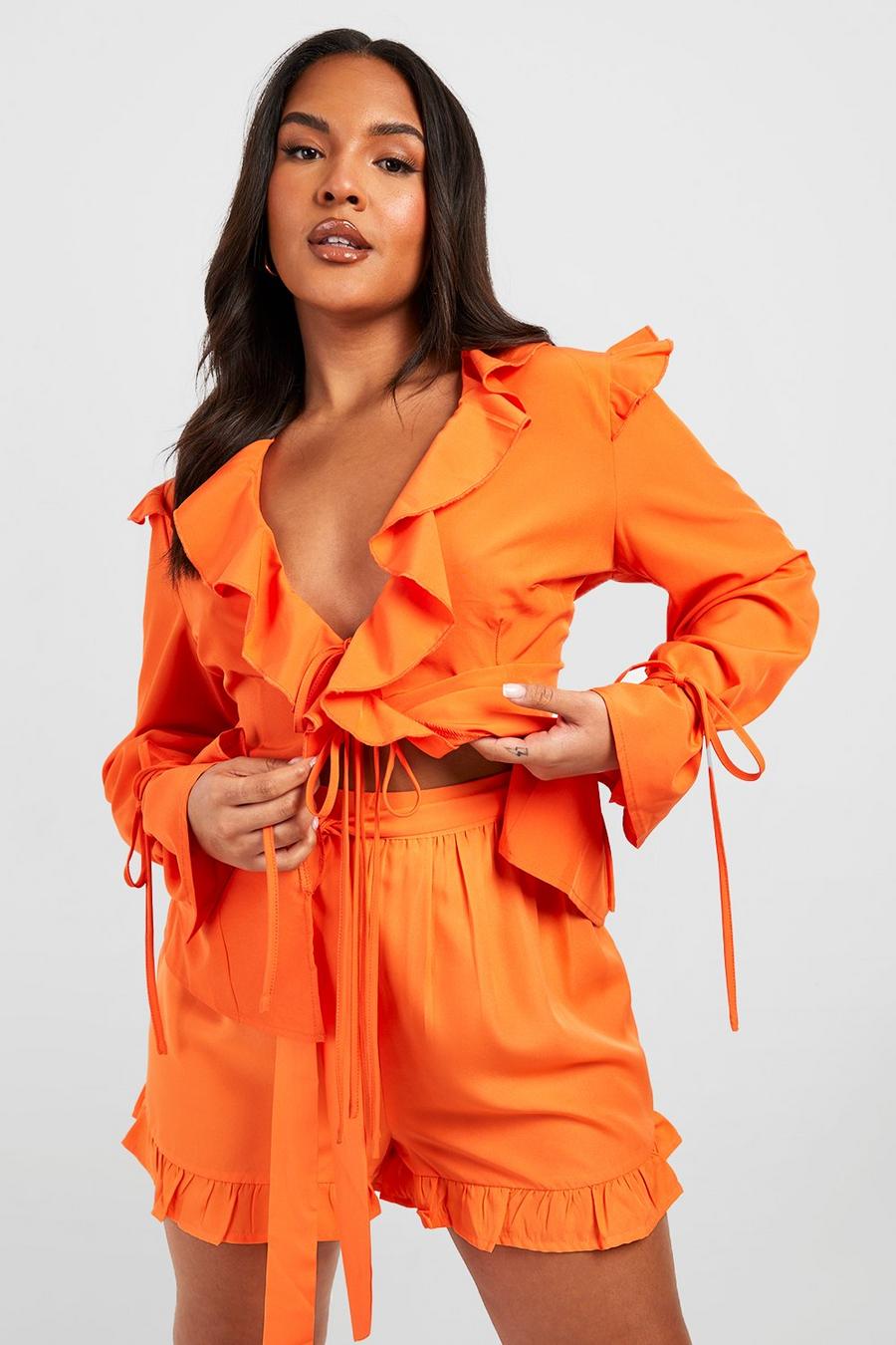 Orange Plus Woven Belted Flowy Shorts image number 1