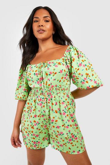 Plus Floral Puff Sleeve Flippy Playsuit green