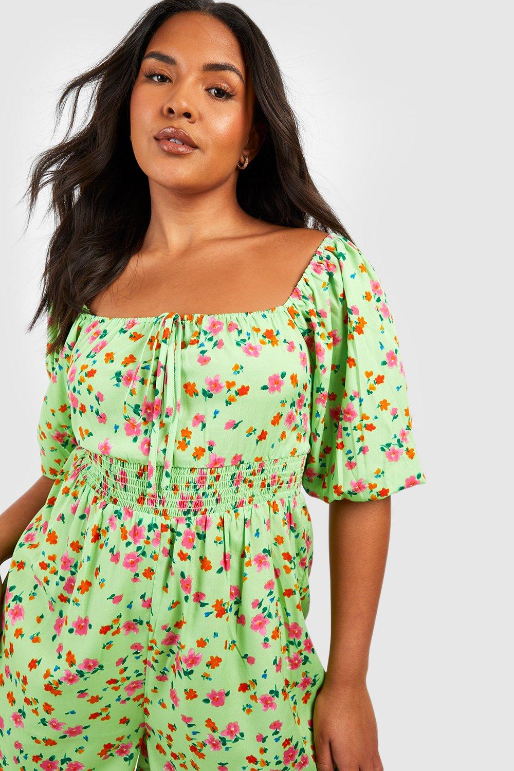 Plus Floral Puff Sleeve Flippy Playsuit