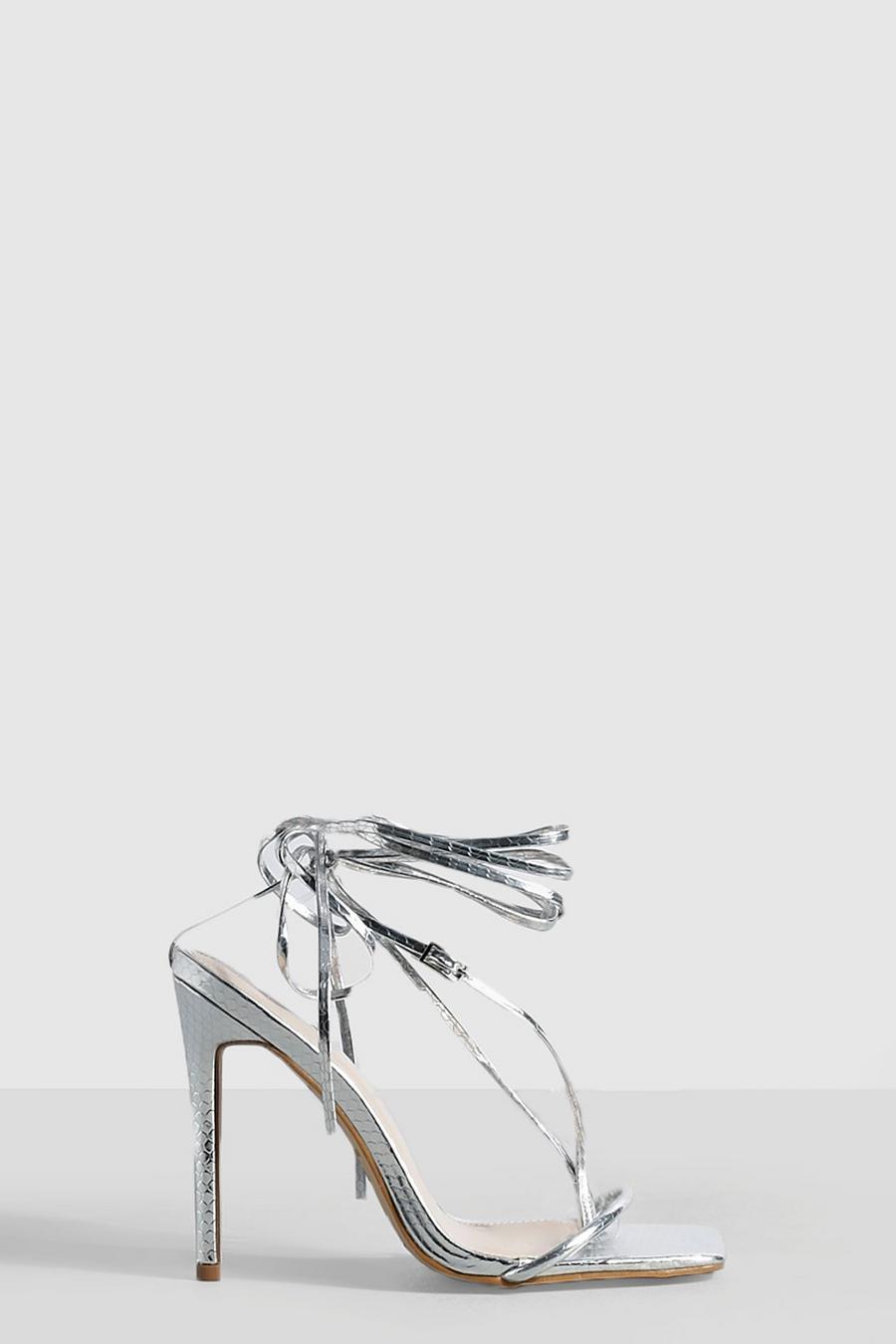 Silver Wide Fit High Buckle Detail Wrap Up Heels image number 1