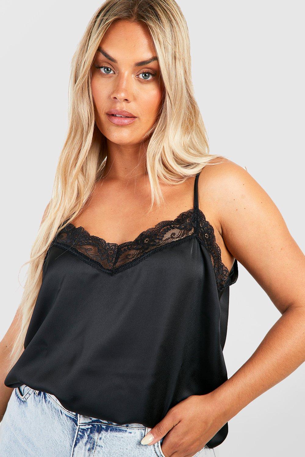 Women's Black Plus Lace Trim Satin Cami