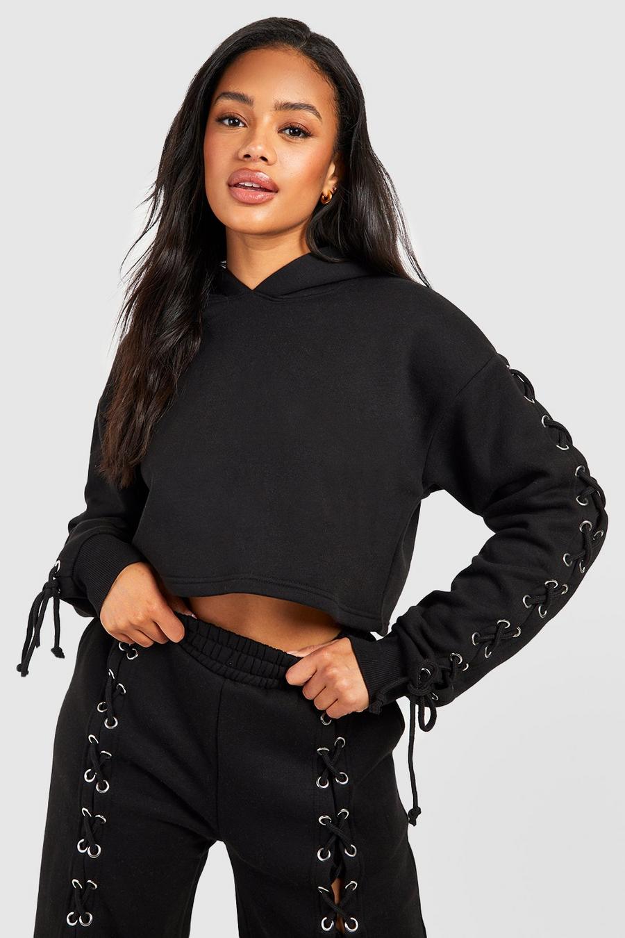 Black Lace Up Arm Detail Cropped Hoodie