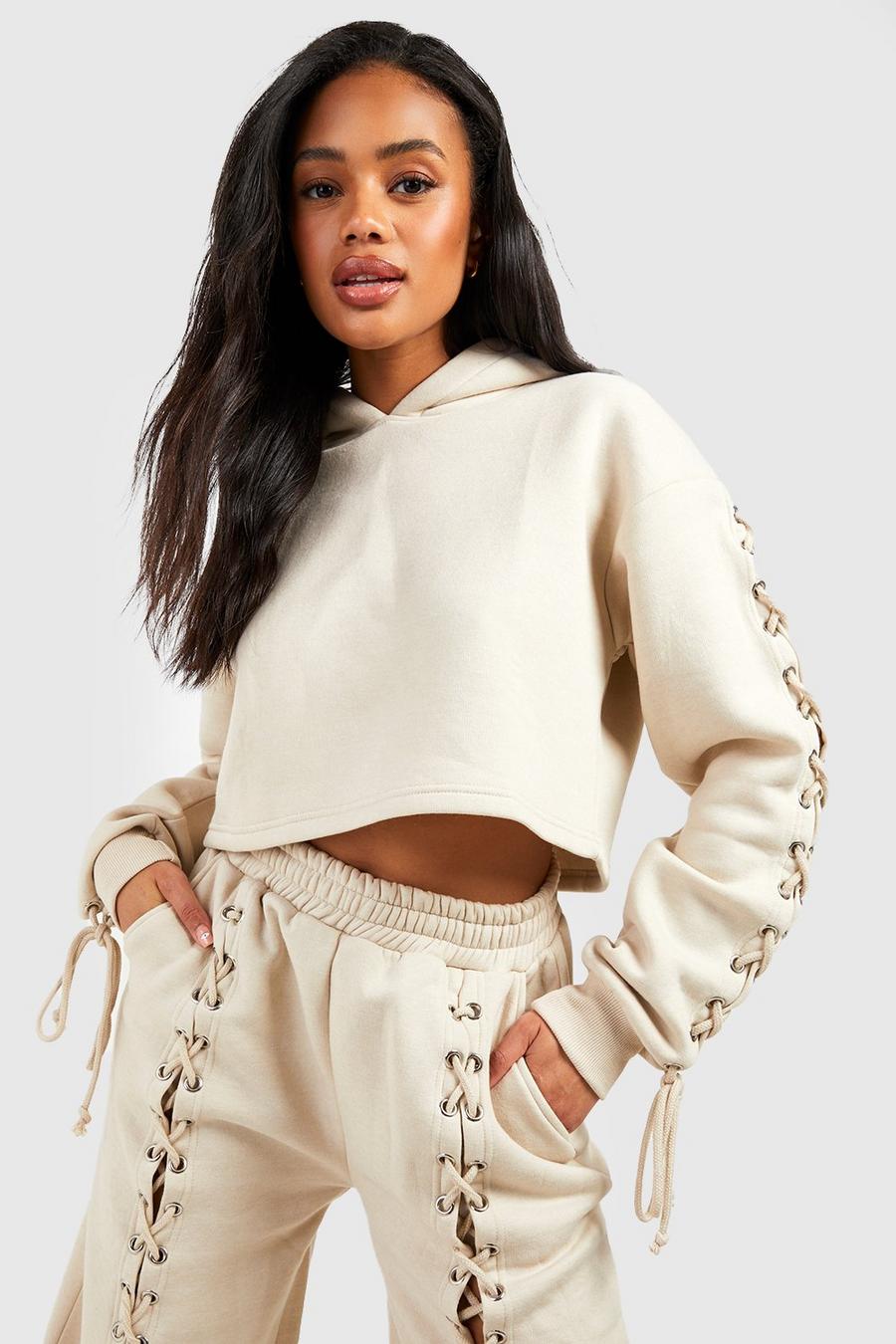 Ecru white Lace Up Arm Detail Cropped Hoodie