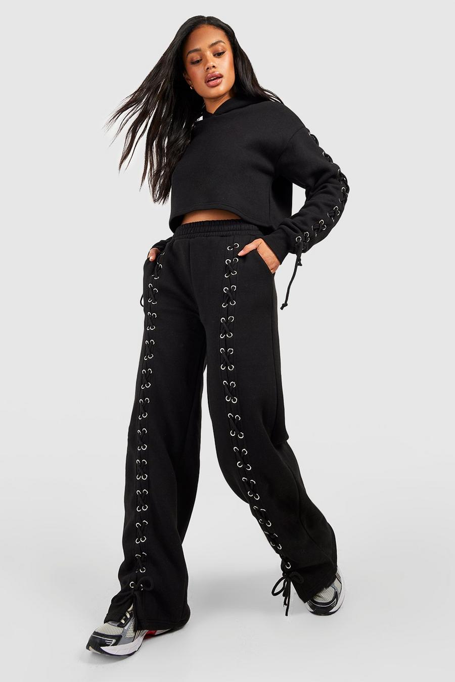 Black Lace Up Detail Straight Leg Track Pants image number 1