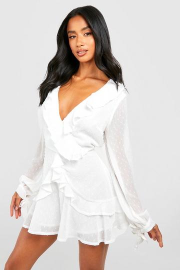 Petite Ruffle Dobby Spot Playsuit white